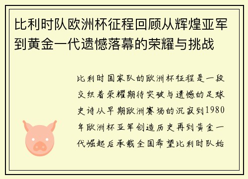 比利时队欧洲杯征程回顾从辉煌亚军到黄金一代遗憾落幕的荣耀与挑战 比利时队欧洲杯征程回顾从辉煌亚军到黄金一代遗憾落幕的荣耀与挑战